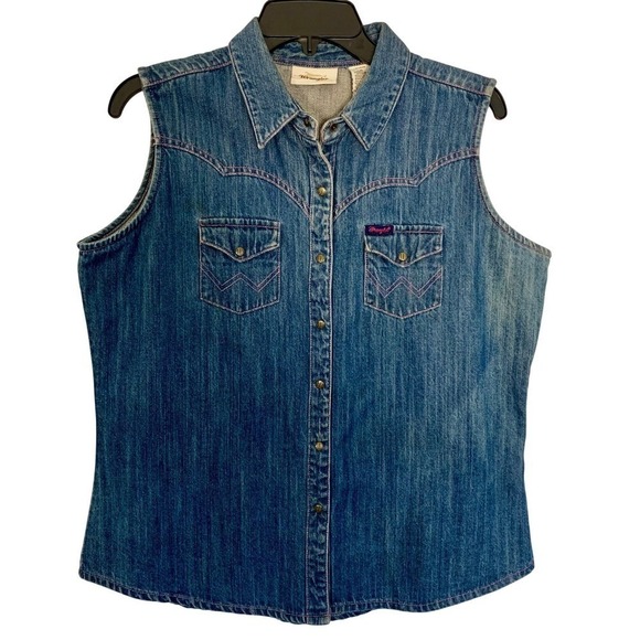 Wrangler Womens Denim Vest Sleeveless Western Style Pink Stitching Size L - Picture 2 of 11